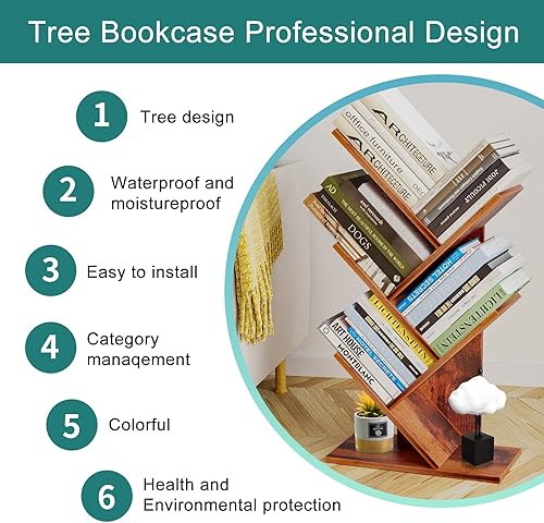 Miniatura 4 de ZRWD Estantería de árbol de 5 niveles, organizador de almacenamiento de libros, estante de almacenamiento de madera para oficina, hogar, escuela,