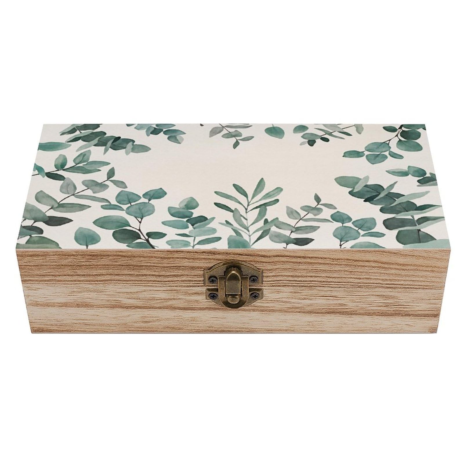 HLBSDM Green Eucalyptus Leaves Vintage Wooden Keepsake Box with Hinged Lid And Locking Clasp, Decorative Storage Box for Jewelry, Trinkets And Small Accessories, Organizer for Home Or Wedding