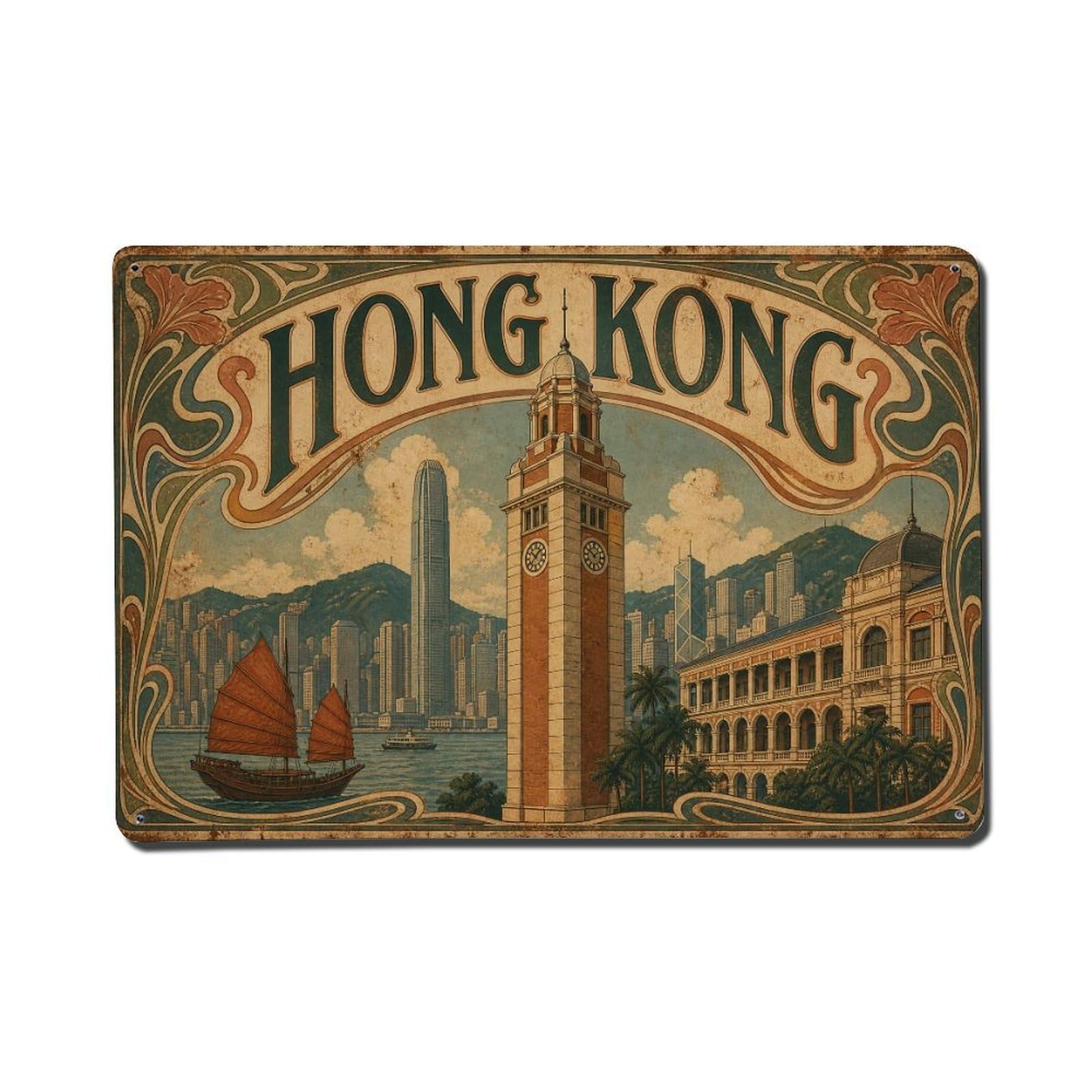 Huiyhb 8X12inch(20X30cm) Vintage Travel Hong Kong Clock Metal Tin Sign