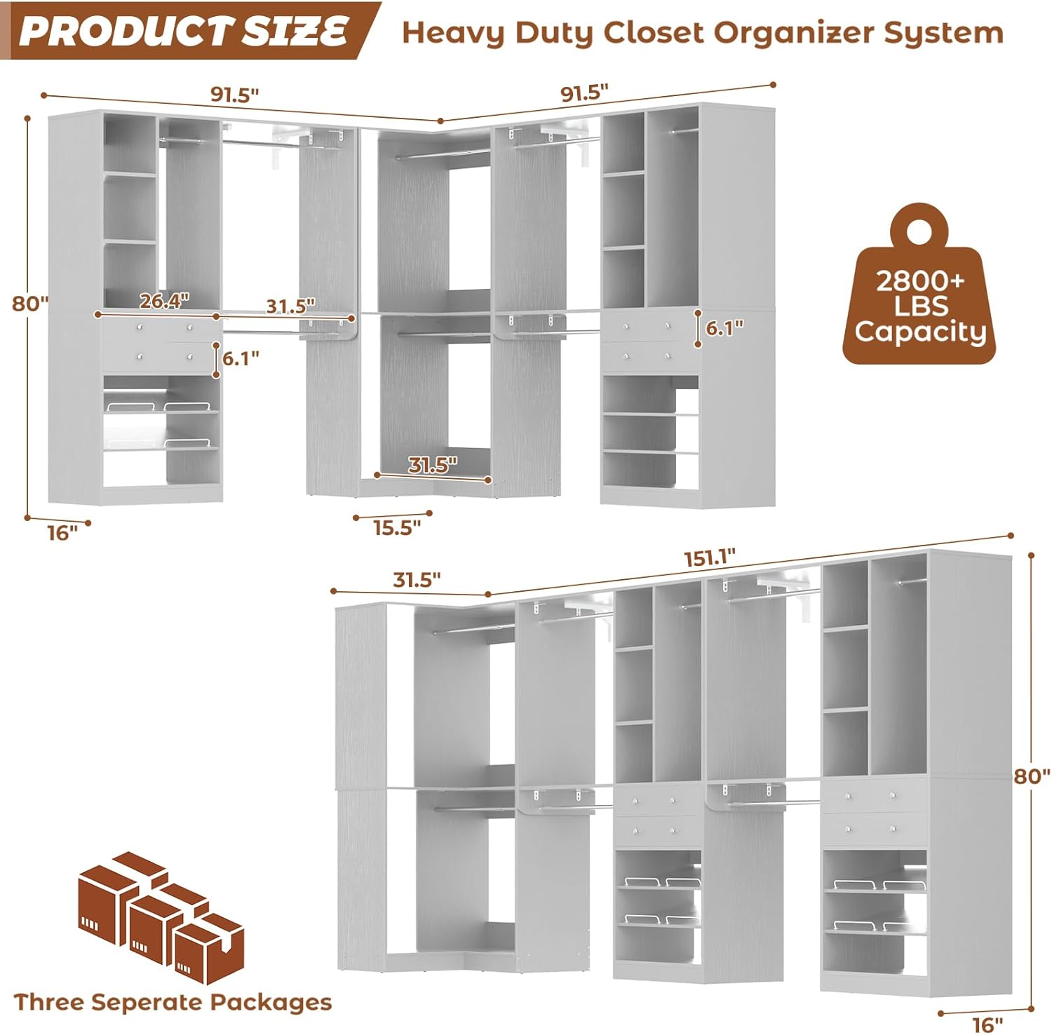 Large Closet System with Corner(3 Sets), 91.5" * 91.5"/31.5" * 151" Closet Organizer System with 4 Drawers and 8 Hanging Robs, Reversible Walk-in Closet System with Heavy Duty Shelving, Morandi Grey