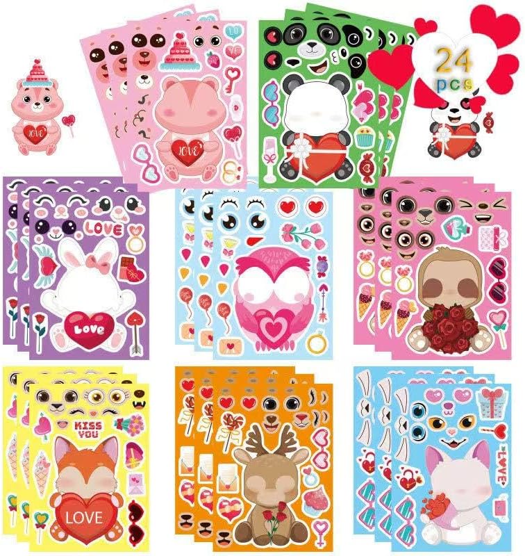 24 Sheets Valentine Stickers for Kids, Valentine's Day Make a Face Stickers, Make Your Own Stickers Animal Stickers for Boys Girls