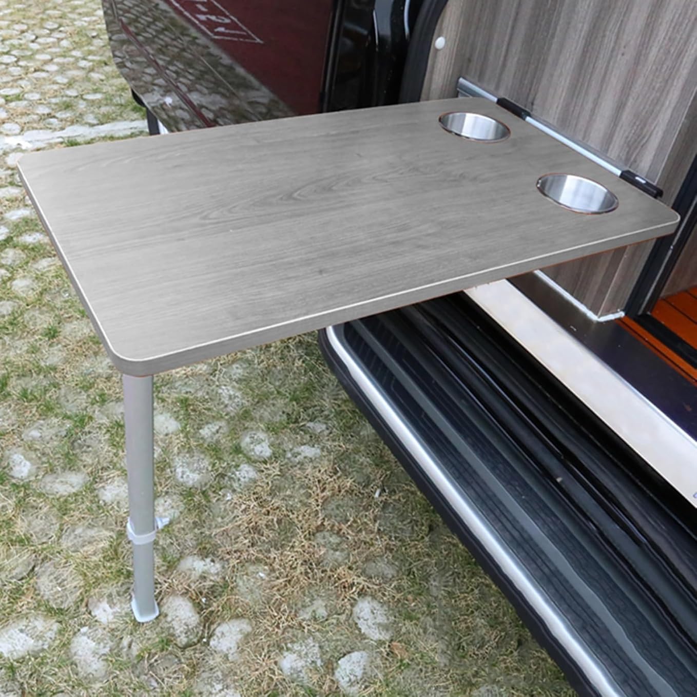 Foldable RV Dining Table with Cup Holders - Compact Wall-Mount Picnic Table for Camping Small Spaces & Outdoor Use - Grey RV Table with Adjustable Legs