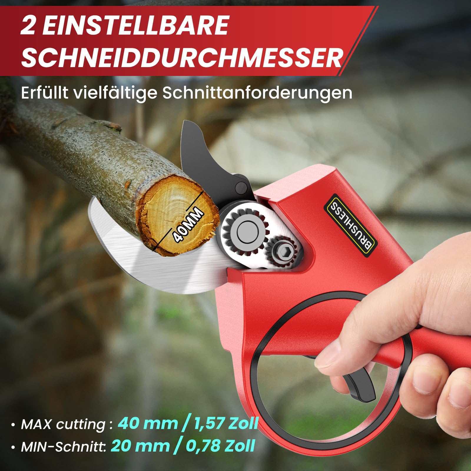 Akku Astschere, 40MM Akku Gartenschere Leistungsstark 800W Elektrische Gartenschere mit 2x2000mAh 21V Akkus, Leistungsstarke, 6-8H Laufzeit, Akku Schere für Obstbäume, Weinreben,Gartenschnitt, Zweige