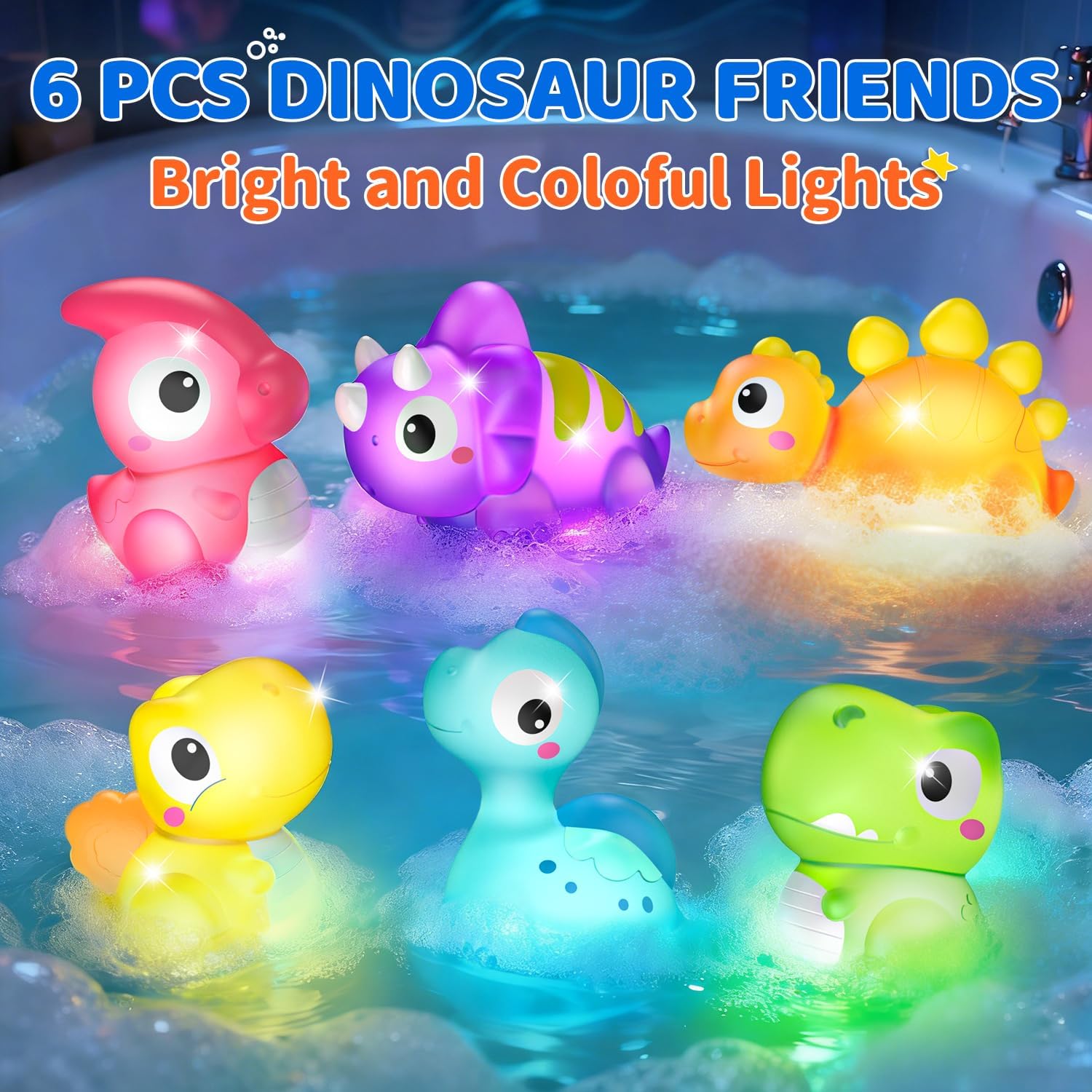 Light Up Bath Toys for Kids Ages 1-3, Dinosaurs Water-Activated Toys, Bathtub Toys for Toddlers 2-4, Pool Floating Water Bath Toys for 1 2 Year Old Boy Girl Gifts - 6 Packs