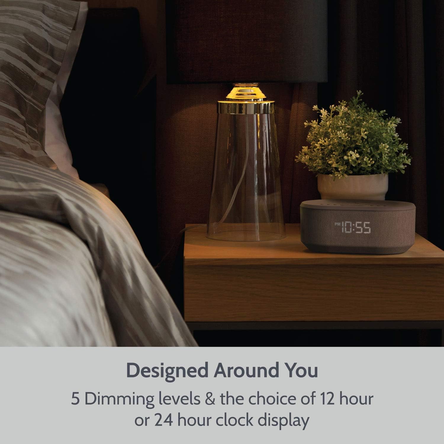 New Product Bedside Radio Alarm Clock with USB Charger, Bluetooth Speaker, QI Wireless Charging, Dual Alarm Dimmable LED Display (Grey)