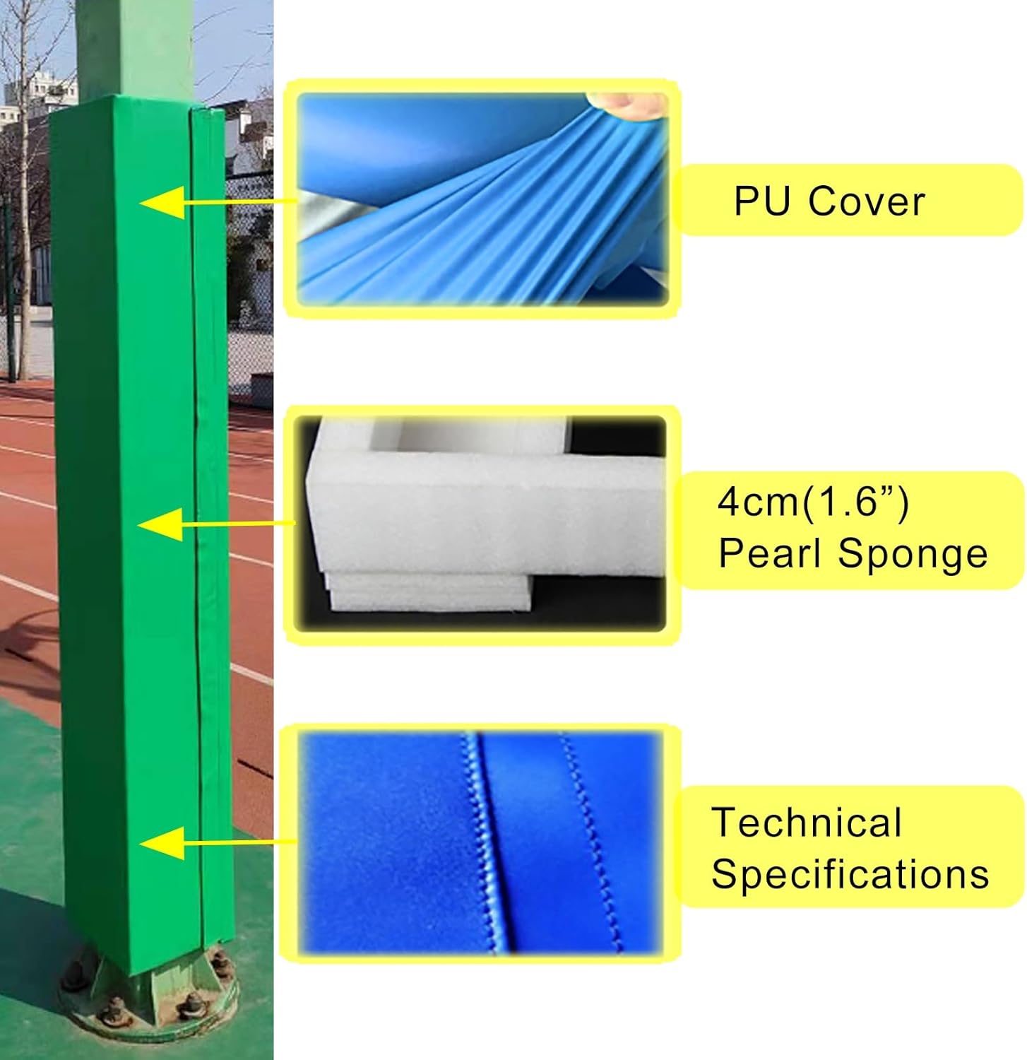 Square Tube Impact Protection Cover, Outdoor Basketball Hoop Pole Pad, Thick Heavy Duty Wrap Around Rod Padding, Three Surfaces Protective Pads