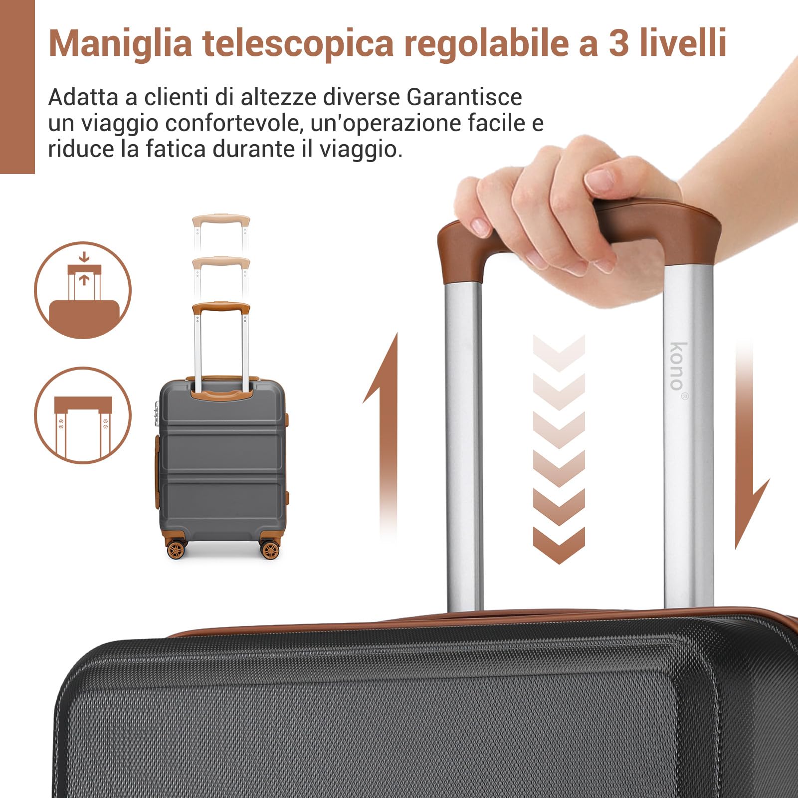 KONO Bagaglio Mano Valigia Materiale ABS Leggero e Resistente con 4 Ruote Rotanti 55 cm, 37L