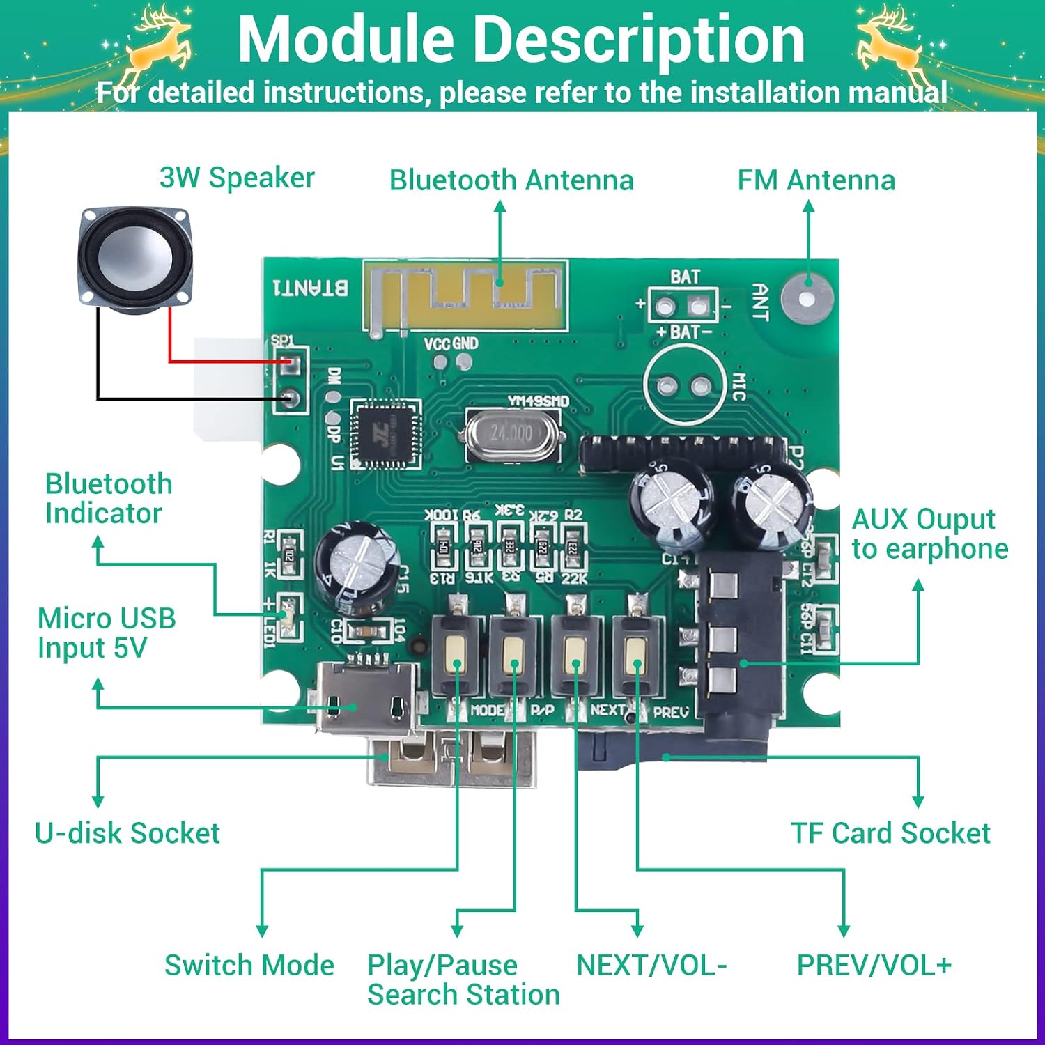 Christmas Tree Soldering Kit, Icstation 3D Xmas Tree Soldering Project Bluetooth-Compatible U-Disk/AUX/TF Music DIY Soldering Practice Kit with LED Lights