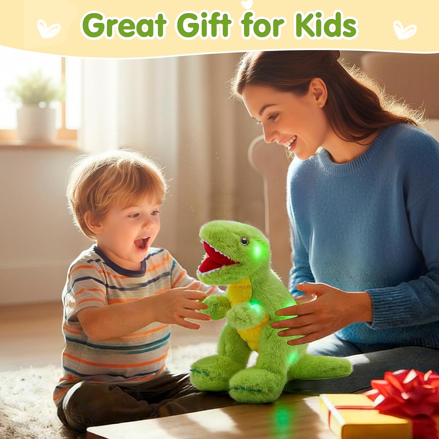 Glow Guards 12" Dinosaur Stuffed Animal, Light up Dinosaur Plush Toy, Cute Soft Tyrannosaurus Plushies, Glowing Dino Stuffed Toy Gifts for Kids Boys Girls (Green)
