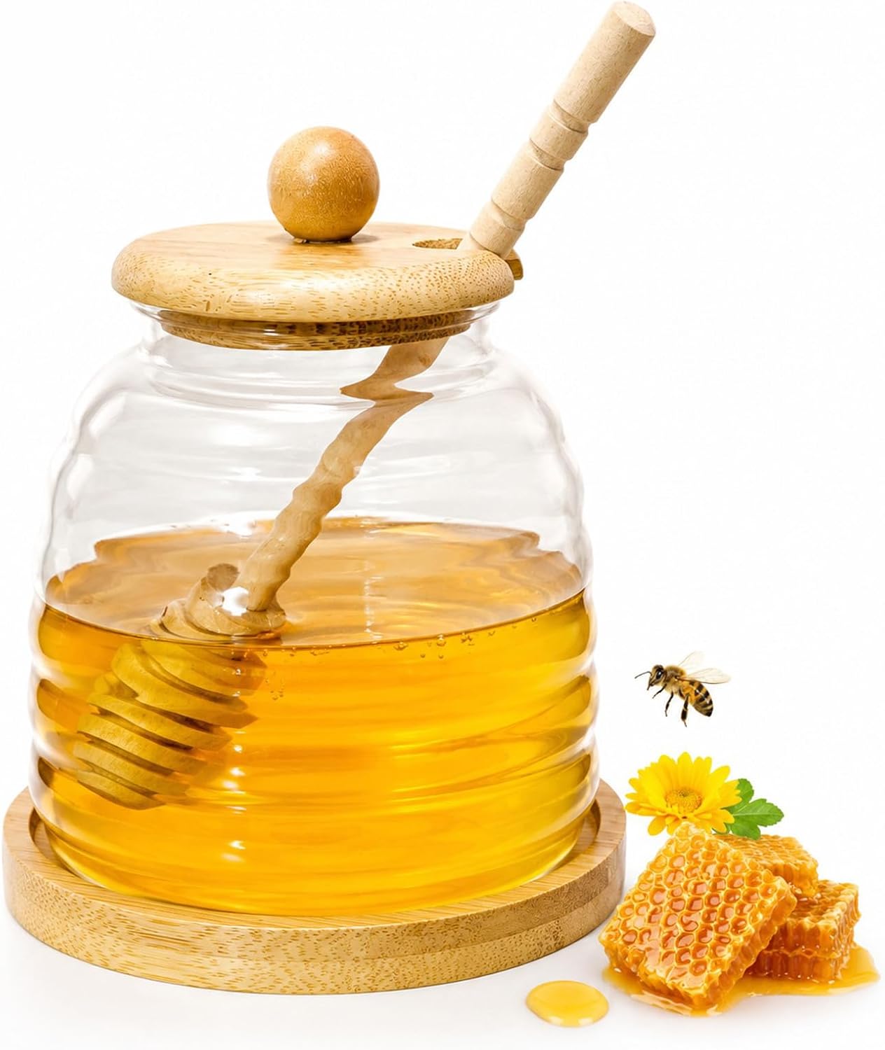 SIXUU Honey Pot, Honey Dispenser, 500ml (17 oz) Honey jars with Wooden Dipper, Honey, Syrup Container for Kitchen, Home