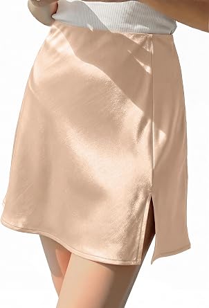 ALCEA ROSEA Womens Satin Silky Mini Skirt High Waist A-Line Short Skirts Solid Slit Front Skirts for Women 7802
