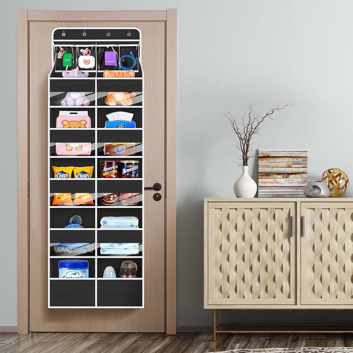 Univivi 6-Shelf Over Door Hanging Organizer Fabric Door Storage for Baby Nursery Nursery Closet Cabinet Wall Mount Hanging Storage Organizers with 10 Deep Pockets and 4 Small PVC Pockets(Black)