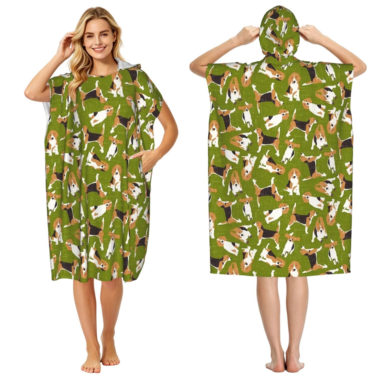 Poadnly Beagle Scatter Green, Adult Hooded Beach Towel 90 x 110 cm,Changing Bath Robe, Surf Poncho Towel For Women Men