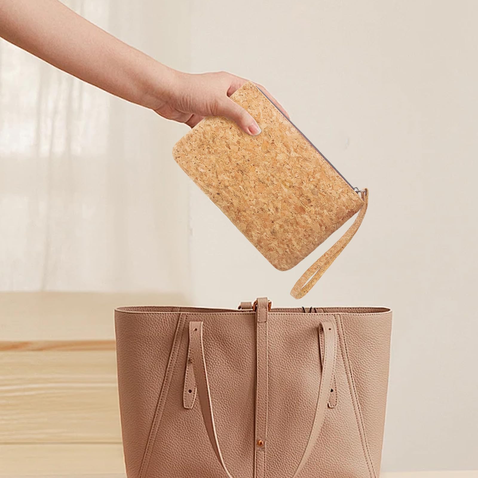 Cartera de mano de corcho natural Cartera de teléfono celular titular de la moneda monedero, Beige, Tamaño único 6