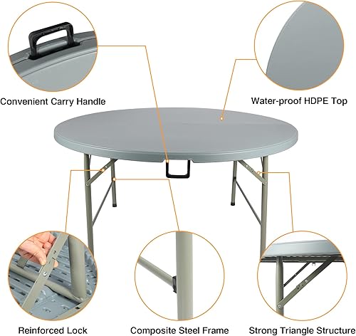 Miniatura 5 de REDCAMP Mesa plegable redonda, mesa de plástico biplegable de 5 pies con asa para fiestas de eventos en interiores y exteriores, color gris