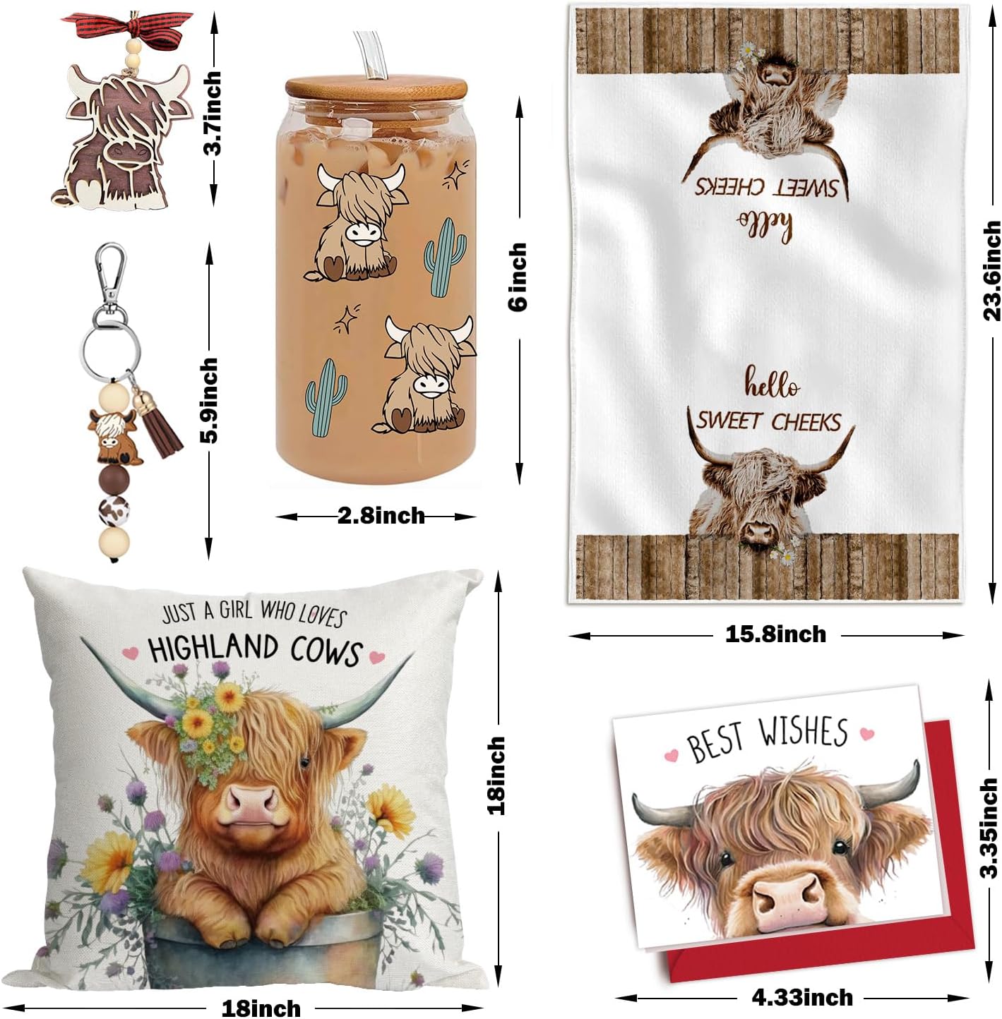 Spring Highland Cow Gifts for Women Cow Lovers, Birthday Friendship Gifts Set of 6 for Sister Coworker with 16oz Cute Cows Glass Coffee Cup Hello Sweet Cheeks Pillow Cover & Cute Keychain - Image 2