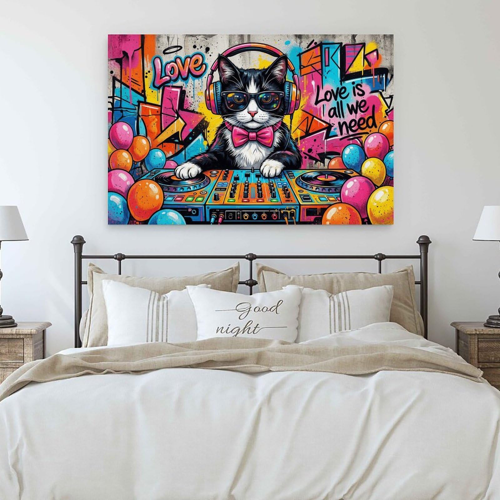 Stampa artistica da parete a tema musica pop art con gatto DJ, divertente opera d'arte per camera dei ragazzi, soggiorno, decorazione per la casa, 40 x 60 cm