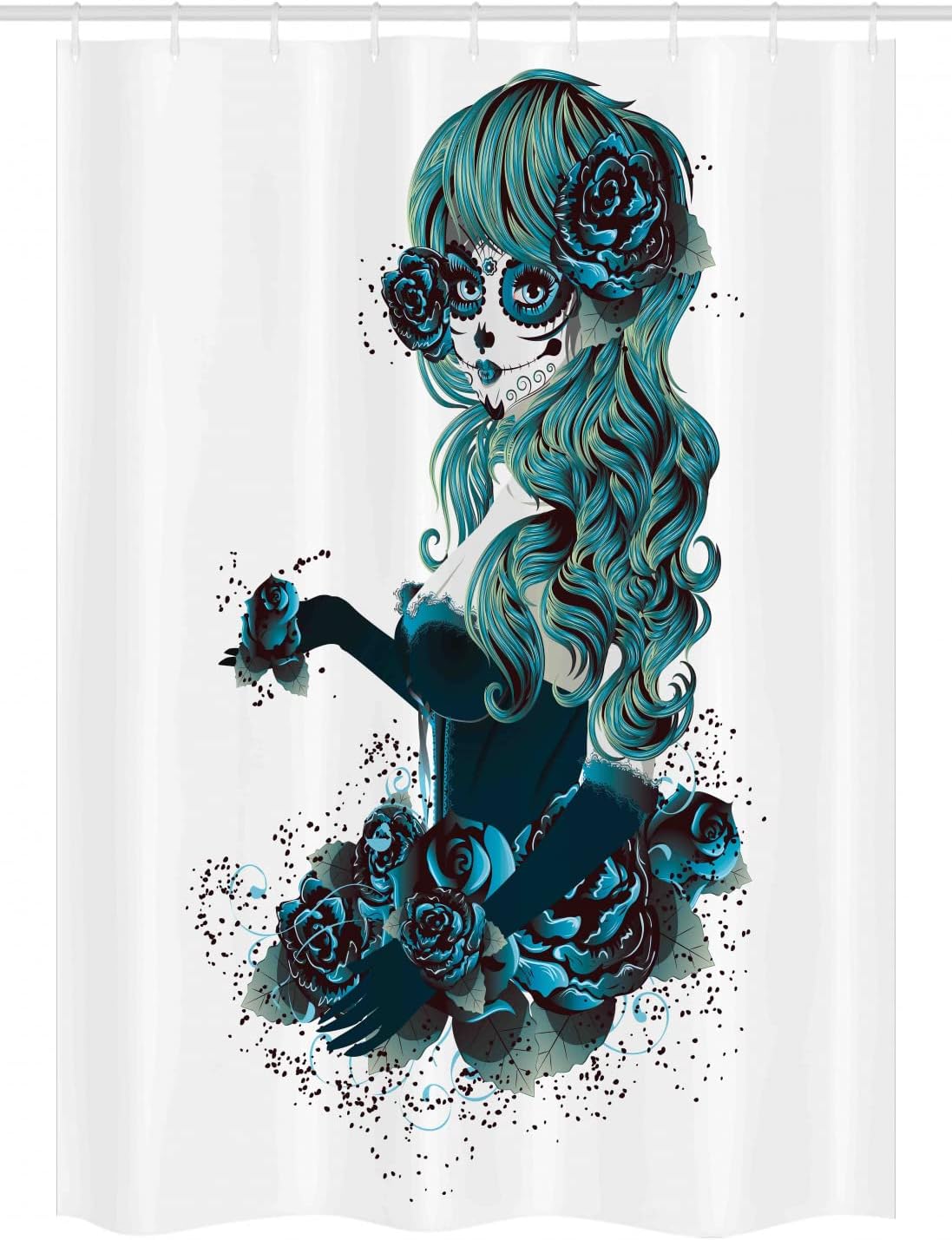 Ambesonne Skull Stall Shower Curtain, Vintage Sugar Shape Girl Day of The Dead Bride Dark Color Roses Graphic, Fabric Bathroom Decor Set with Hooks, 54" W x 78" L, Petrol Blue White