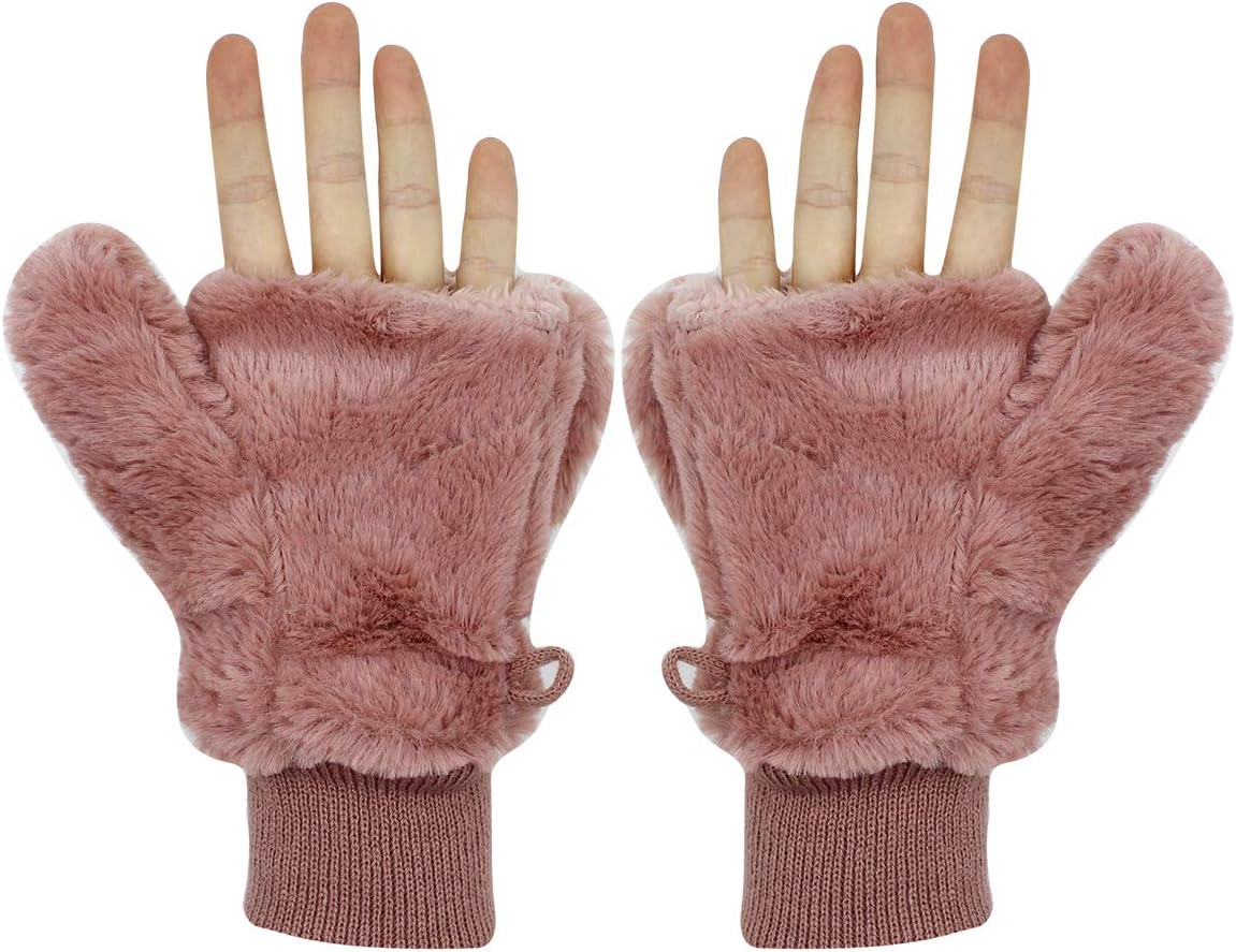 BOLLEY JOSS Women Girls Winter Warm Gloves Mittens Soft Faux Fur Wool Convertible Fingerless Gloves with Cover - Image 9