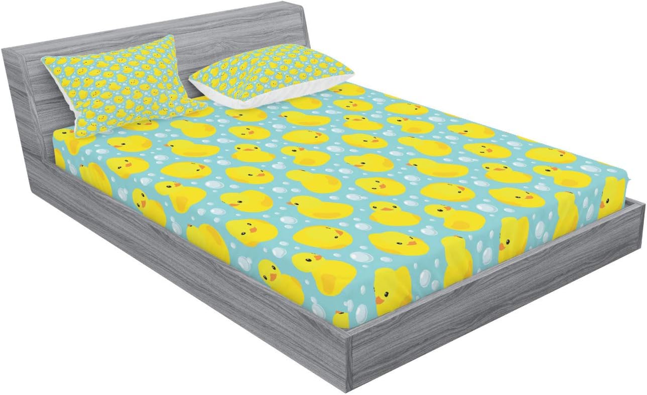 Ambesonne Rubber Duck Fitted Sheet & Pillow Sham Set, Rubber Ducks on Water Inspired Backdrop Bubbles Funny Pattern, Decorative Printed 3 Piece Bedding Decor Set, Full, Turquoise Orange