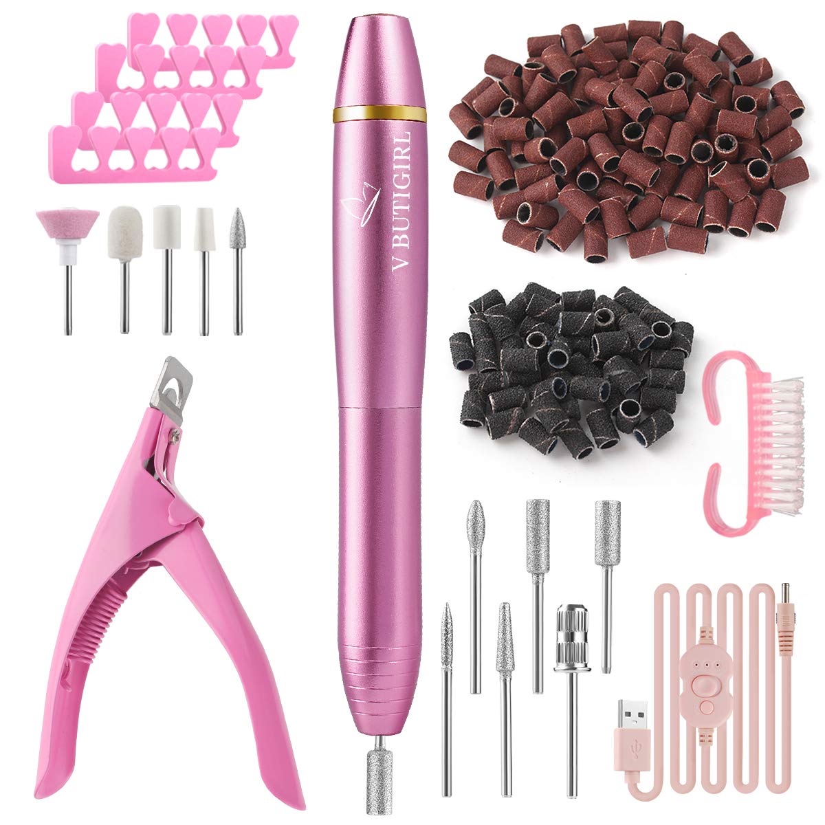 V BUTIGIRL Nail Drill 25000RPM, Electric Portable Nail Drill for Acrylic Nails, Gel Nail Grinder Acrylic Nail Drill with 150 Sanding Bands for Home Salon Manicure Pedicure Use
