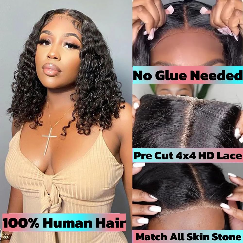 Bob Wig Human Hair Lace Front Glueless Wigs for Black Women Pre Plucked 150% Density 100% Brazilian Virgin Human Hair (4x4 Glueless Curly Bob, 16 Inch)