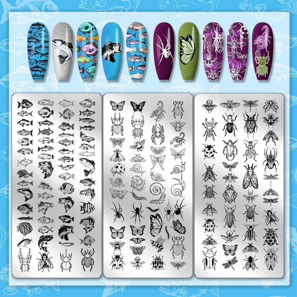 PH PandaHall 3pcs Insects Nail Stamping Plates Fish Nail Art Templates Beetle Snails Nails Art Stencils Butterfly Nails Stamper Winged Creatures Manicure Image Plates for Women DIY Manicures Salon