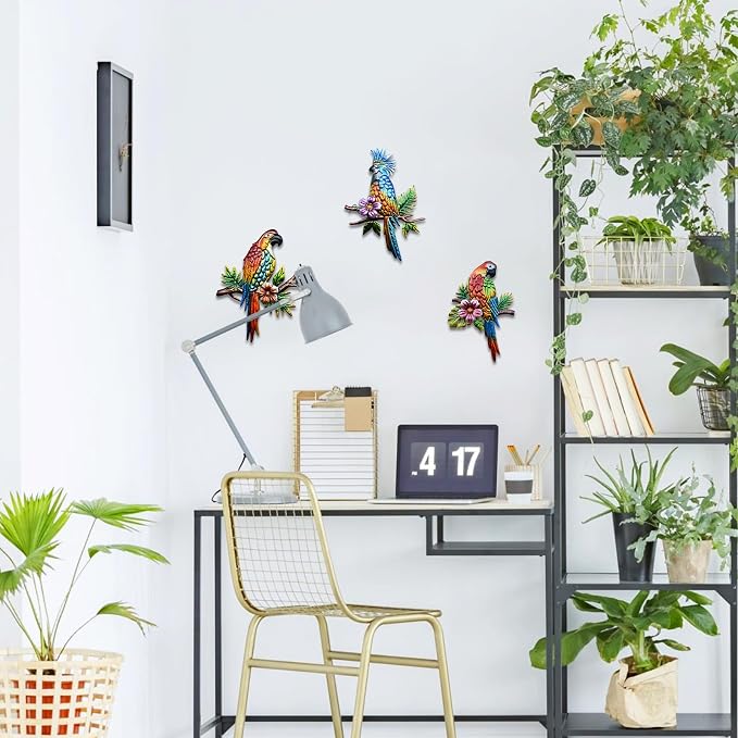 Decoración de pared de metal 3 pájaros tropicales Voumsil miniatura 5