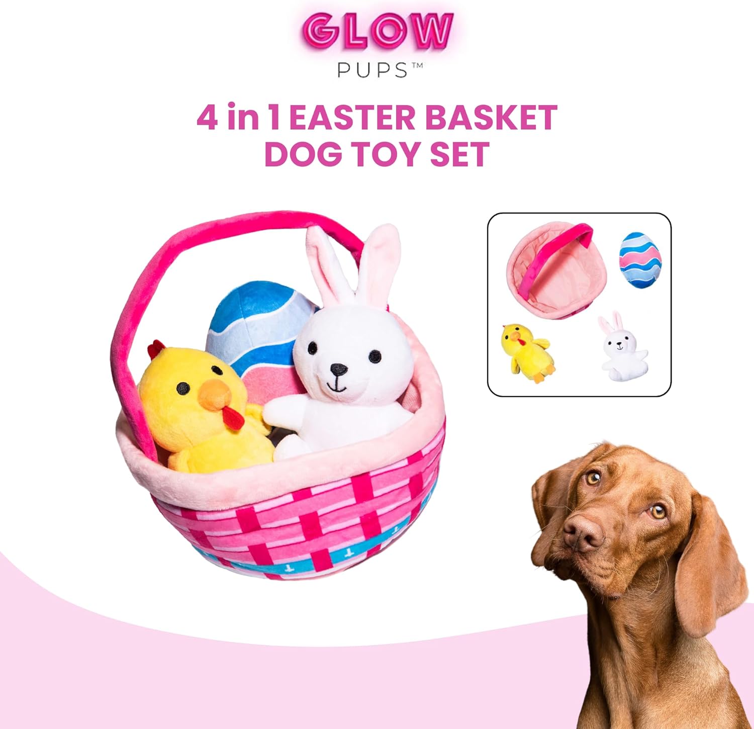 Glow Pups Plush Easter Basket Dog Toy Set, Soft Cuddly Plush Bunny, Chick, Egg, and Pink Basket with Handle, Crinkle Toy Puppy Toys for Holiday-Themed Play, 4 Pieces Set