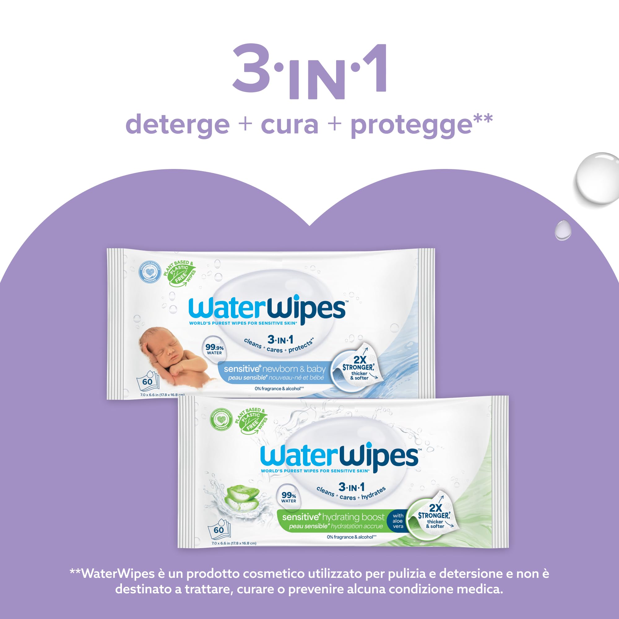 WaterWipes Salviettine Lenitive 360 Pezzi 6 Confezioni Detergenti 99% Acqua Estratti Botanici Senza Profumo