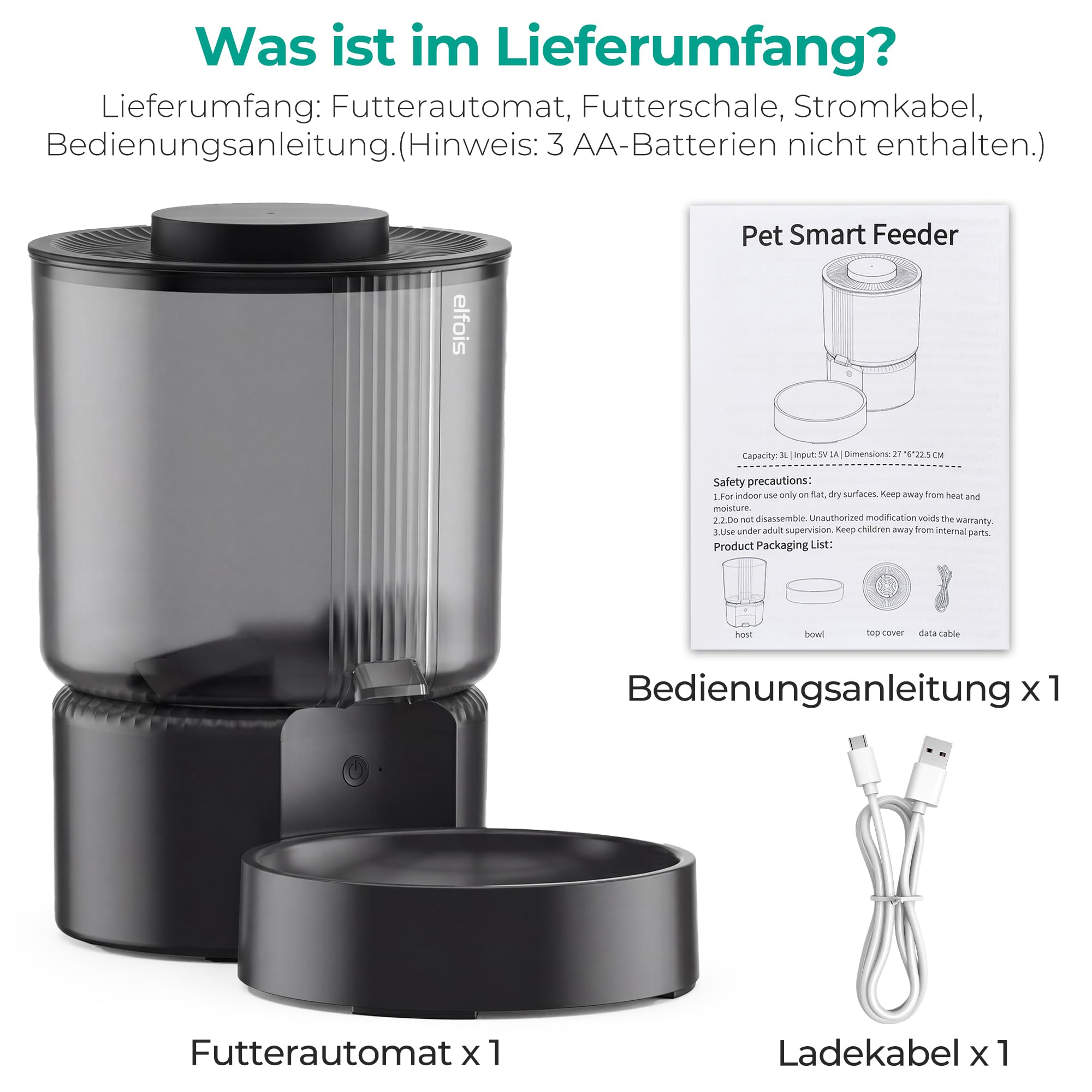 WiFi Futterautomat Katze, Smart App-Steuerung, 3L