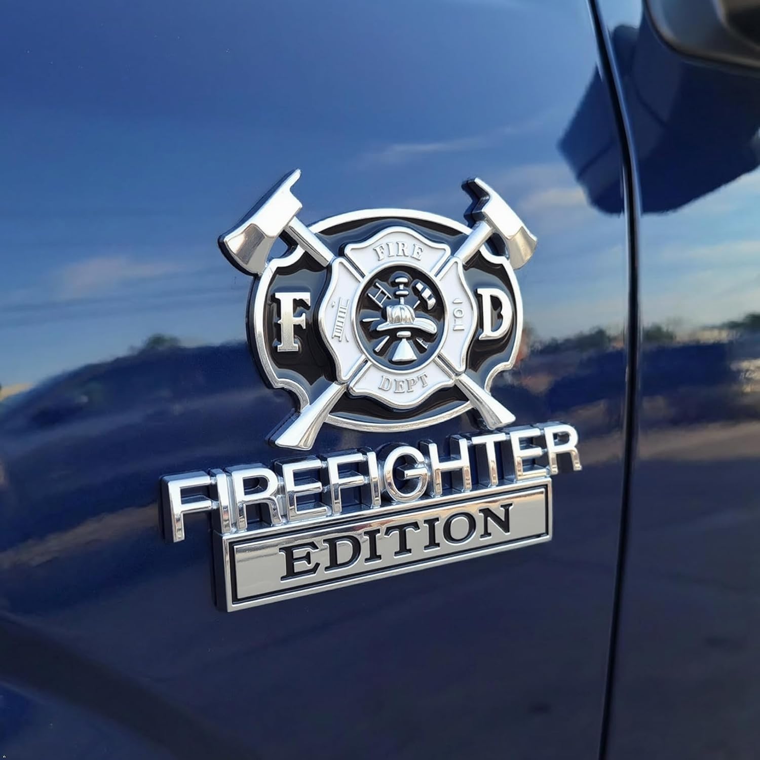 Premium 3D Metal Firefighter Edition Emblem - Heavy Duty Maltese Cross Car Badge & Auto Decal Set, Weatherproof Accessory for Truck, SUV, Perfect First Responder Fireman Gift (Silver)