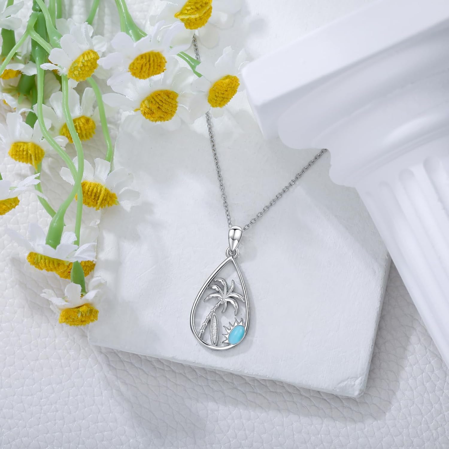 Palm Tree Necklace 925 Sterling Silver Blue Larimar Gemstone Palm Tree and Surfboard Pendant Tropical Summer Beach Jewelry Gifts for Women - Image 4