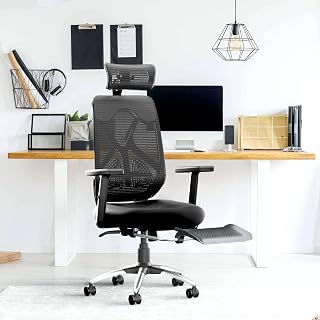 CELLBELL C190 Berlin FT Ergonomic Office Chair with Footrest – High Back Mesh, Adjustable Armrest, Synchro Mechanism, Reclining Computer Chair, 3-Year Limited Brand Warranty (Full Black)