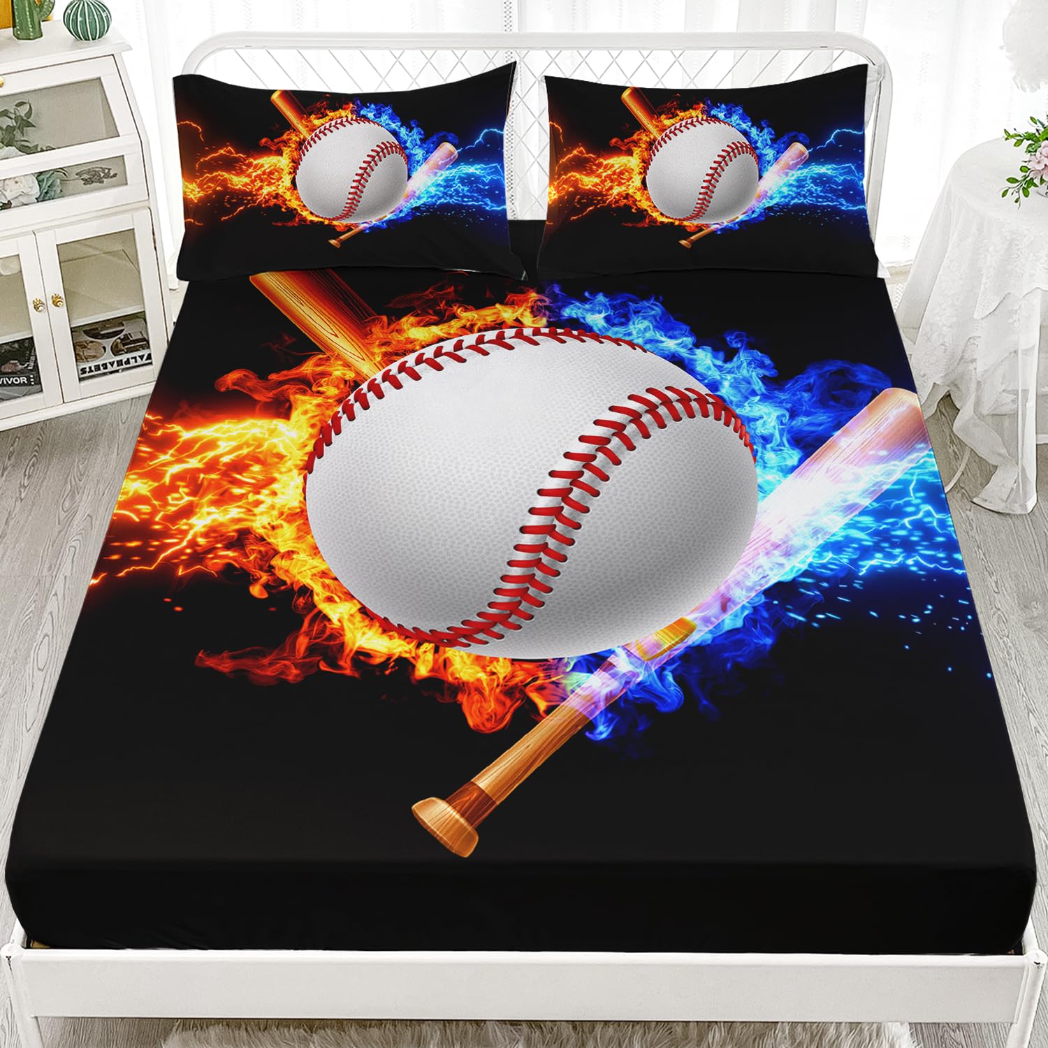 AILONEN Baseball Fitted Sheet Set Twin XL Size, Baseball Sports Bed Sheet Set for Boys,3D Flame Fire Baseball Sheets,Baseball Gaming Sheets Set 3