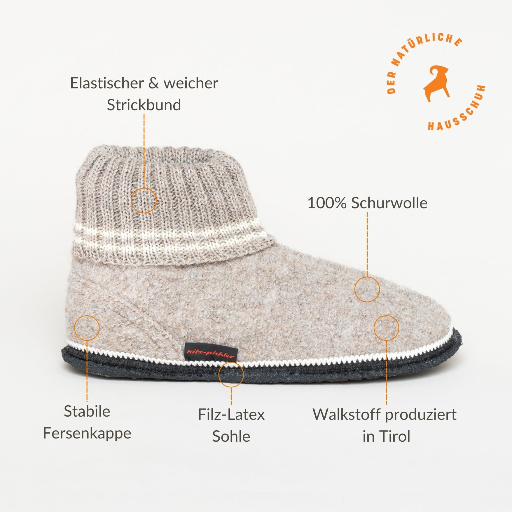 Hüttenschuh Ötz - Hausschuh für Damen & Herren | 100% Schurwolle Beige, 45