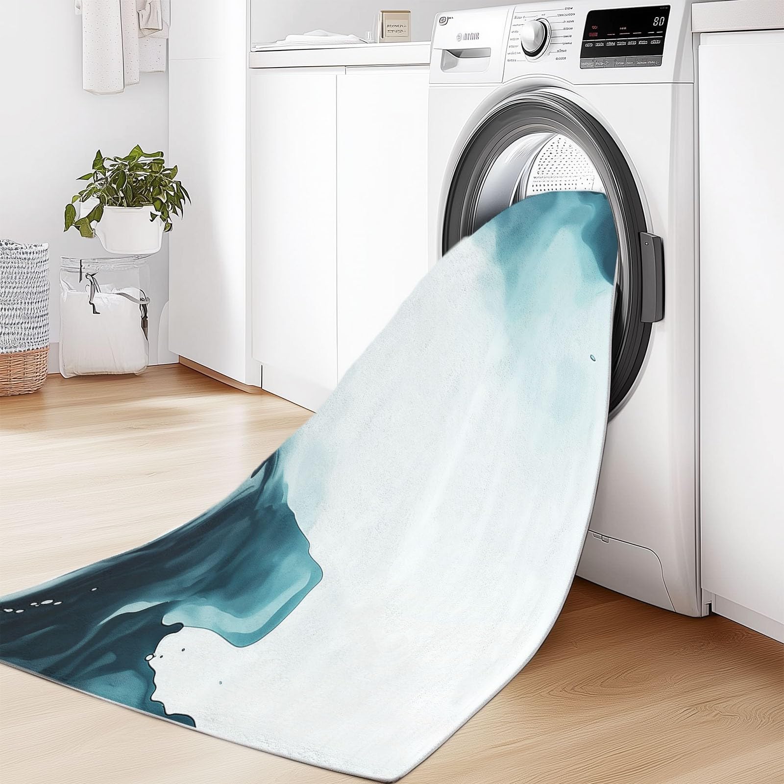 Grand Tapis Motif Aquarelle Abstraite Antidérapant Shaggy 80 x 150 cm Gris Bleu
