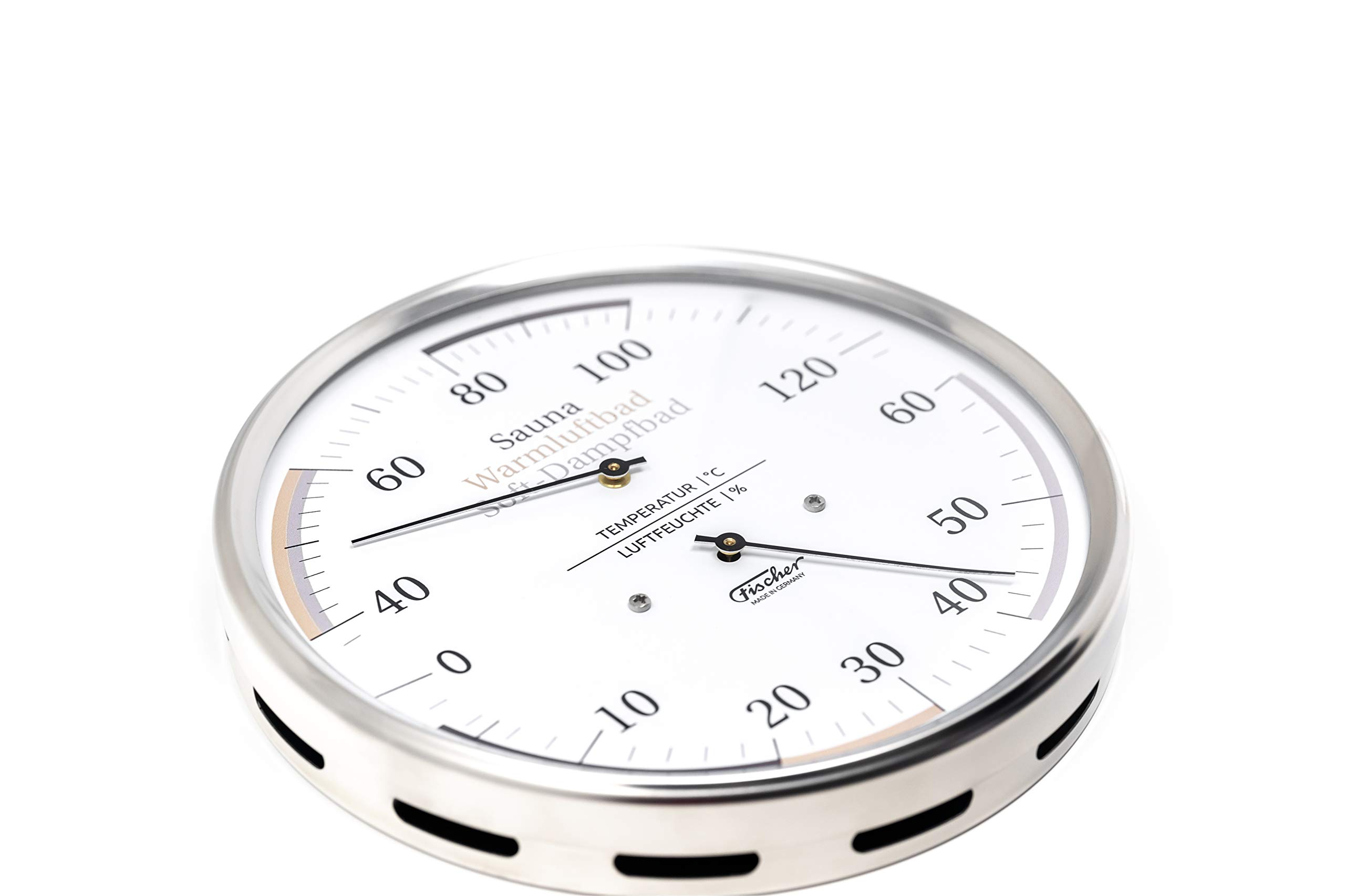 Fischer 184.01 Sauna Universal-Thermohygrometer - 130mm Haar-Hygrometer u. Bimetall-Thermometer aus Edelstahl Made in Germany