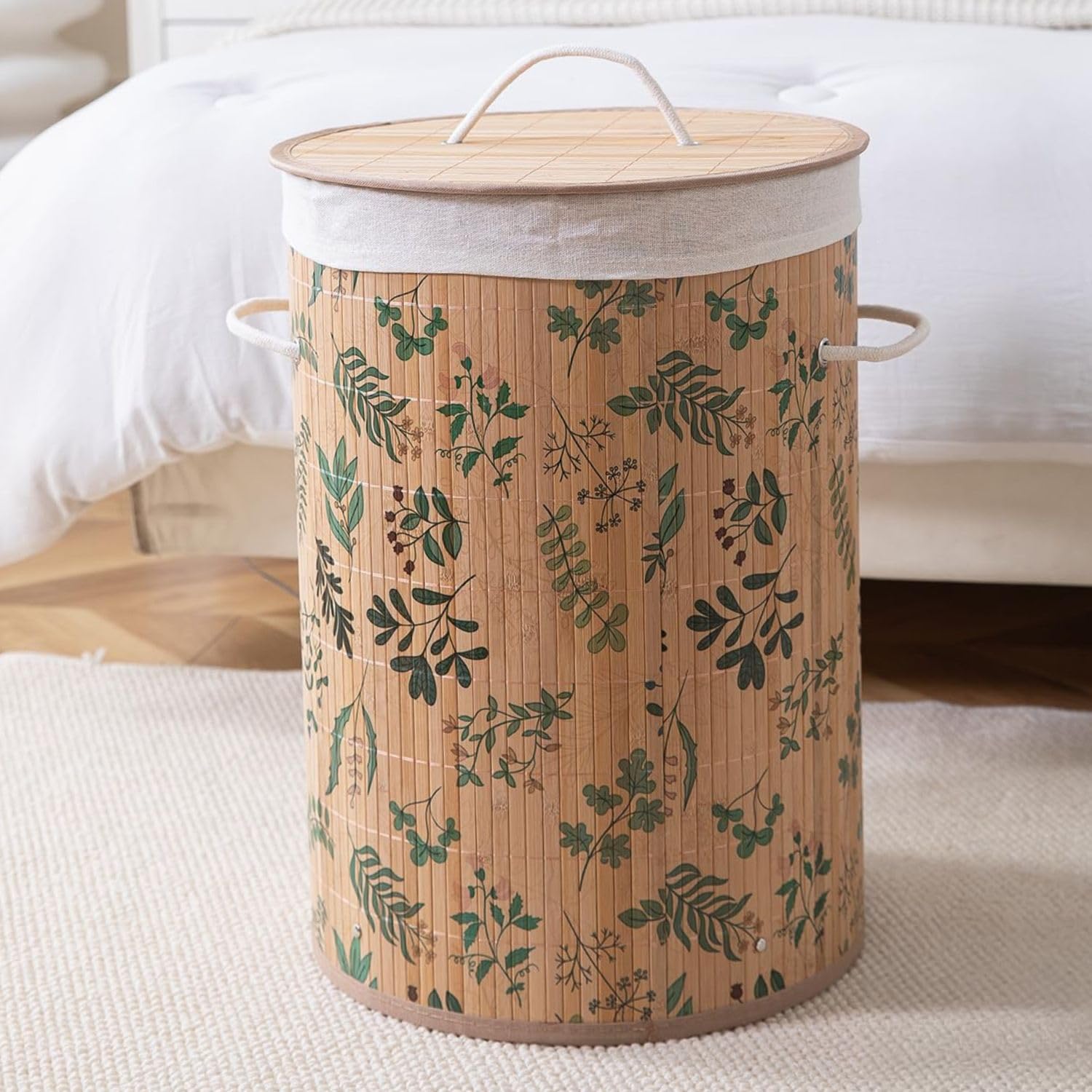 HOKIPO Eco-Friendly Foldable Bamboo Laundry Basket Hamper with Lid, Large, 61 Litre, Fern Leaves (AR-5752)-image-15