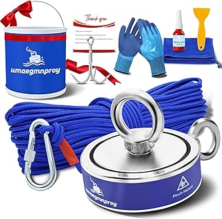 Complete 1300LB Double-Sided Fishing Magnet Kit Strong Christmas Heavy Duty Neodymium Magnet for Retrieving Items in River, Lake, Beach, Lawn with Rope,Hook,Gloves,Towel,Collapsible Bucket, Etc.