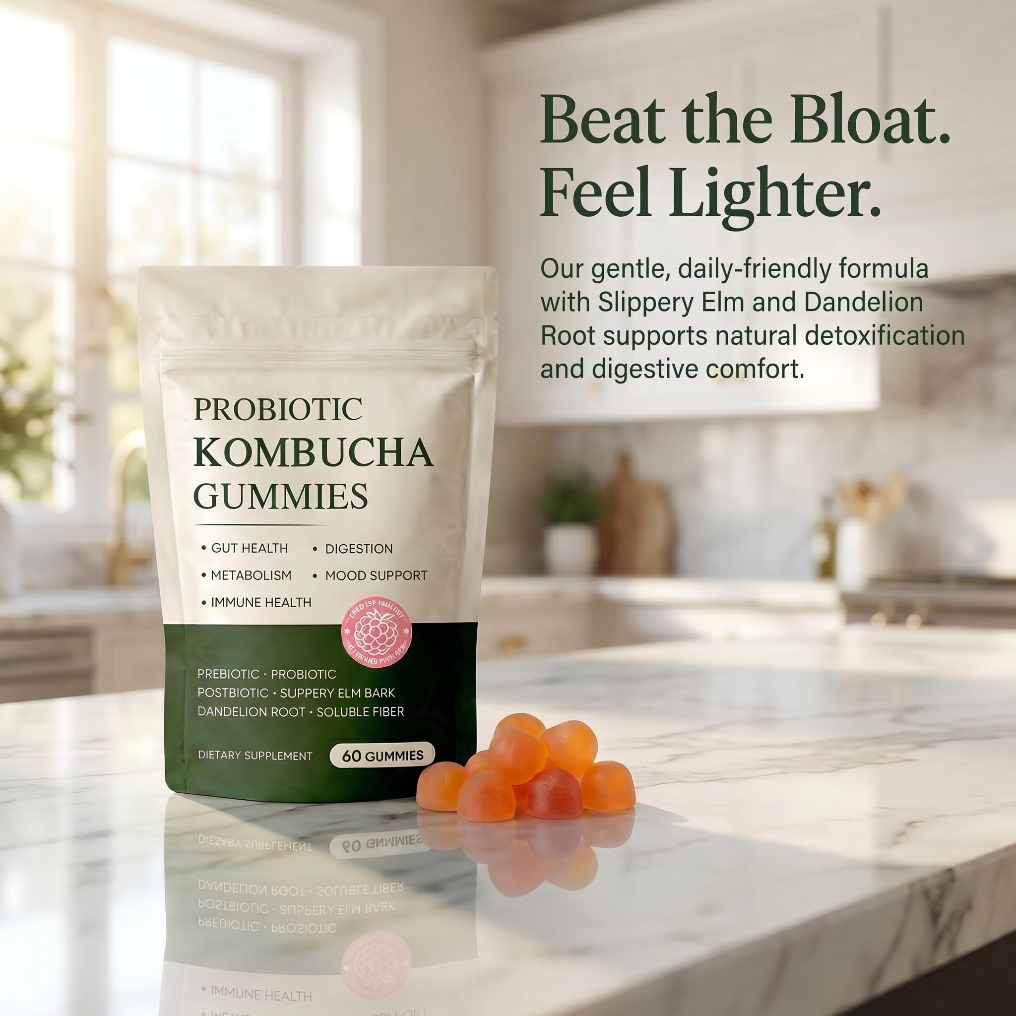 Probiotic Kombucha Gummies | Prebiotics, Probiotics, Postbiotics | Slippery Elm Bark, Dandelion Root, Soluble Fiber, Mct Oil | Bloating, Gut Health | 60 Gummies — Amazon image 5
