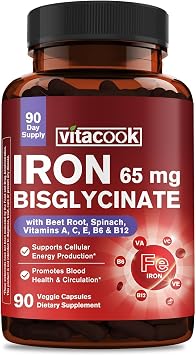 Iron Supplement for Women & Men, 65mg Ferrous Bisglycinate Chelate, Slow Release Iron with Vitamins A C E B6, B12, Folate, Organic Spinach & Beet Root Powder, for Blood Flow & Energy Support, 90 Caps