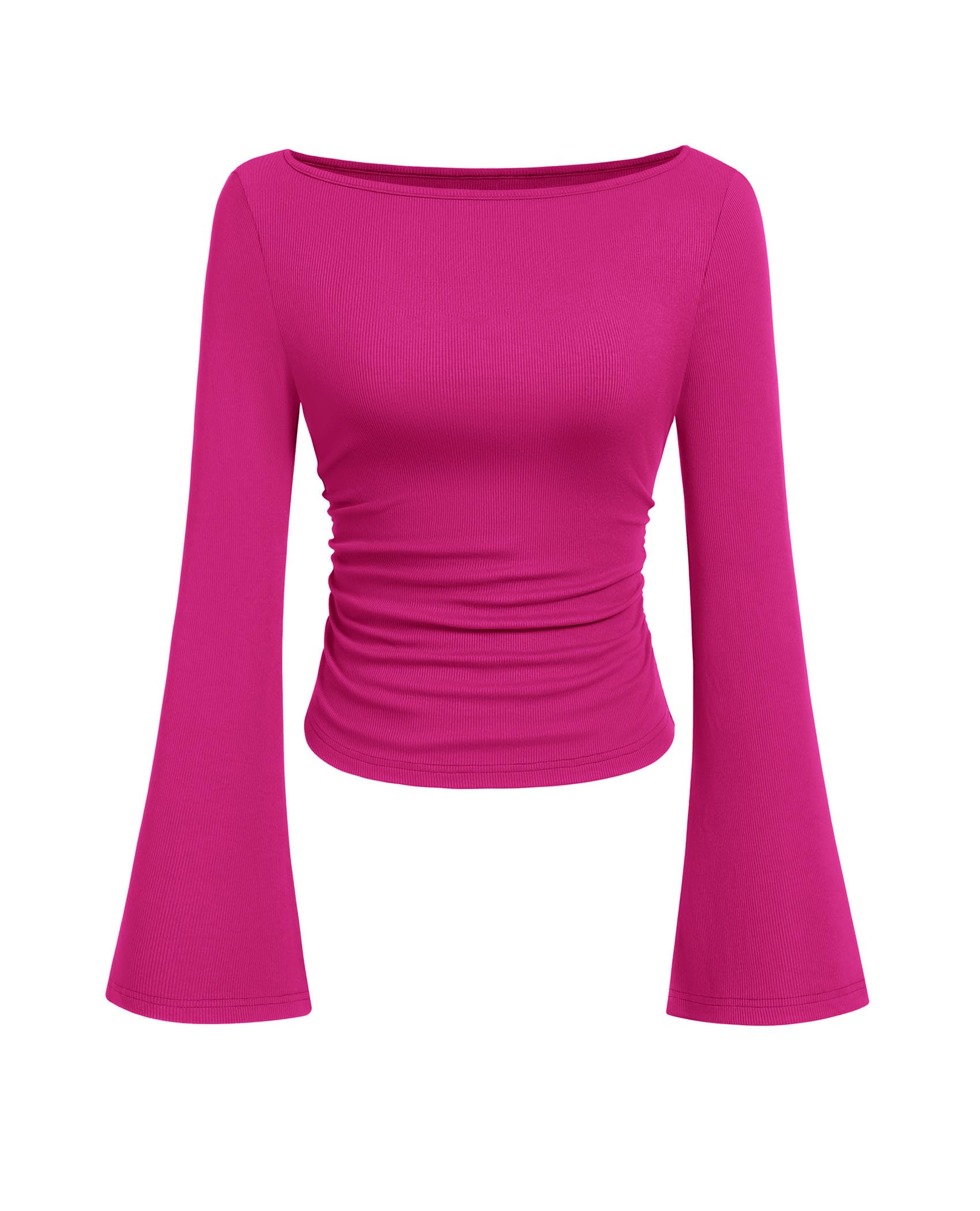 PRETTYGARDEN Womens Bell Long Sleeve Ribbed Knit Tops | Trendy Boat Neck Y2K Cropped Going Out Tops, Ruched Slim Fit Cute Garment Friendly Shirts, Fall Outfits, Fashion Clothing