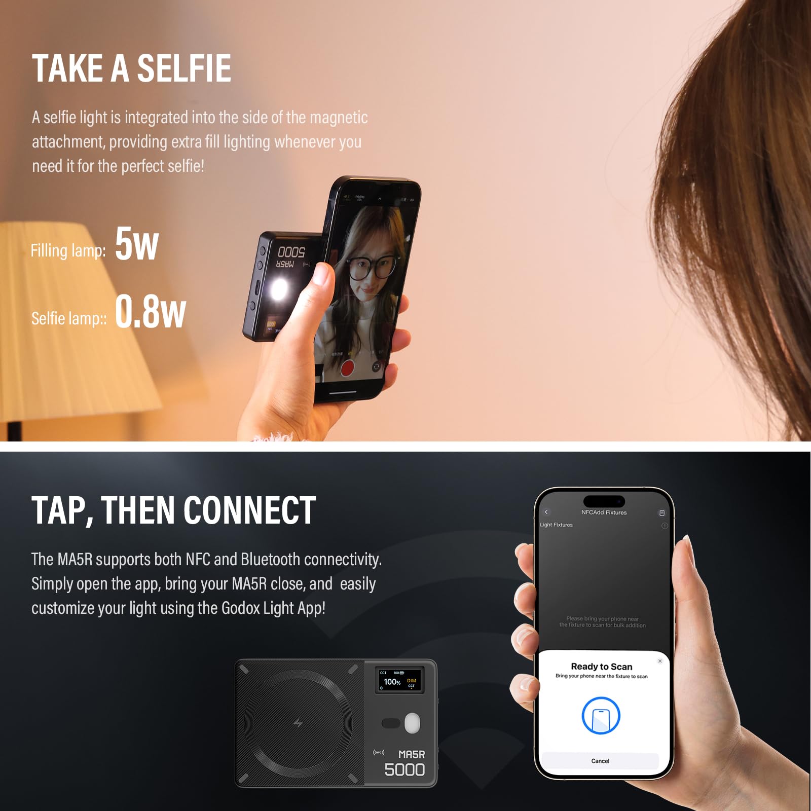 GODOX MA5R Magnetic Full Colour RGB Video Light Light 1800K-10000K 14 Pre-Programmed Effects LED Light Photo for Selfie DSLR Camera (nero)