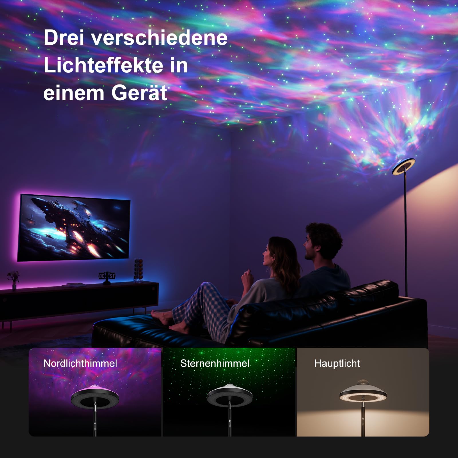 DUSKTEC 3-in-1 Stehlampe mit Galaxy Star & RGB Aurora Projektor, magnetischer Fernbedienung & Touch-Steuerung, 1400 lm, 3000K-6000K einstellbares Weiß, 10%-100% dimmbar für Wohnzimmer, Schlafzimmer