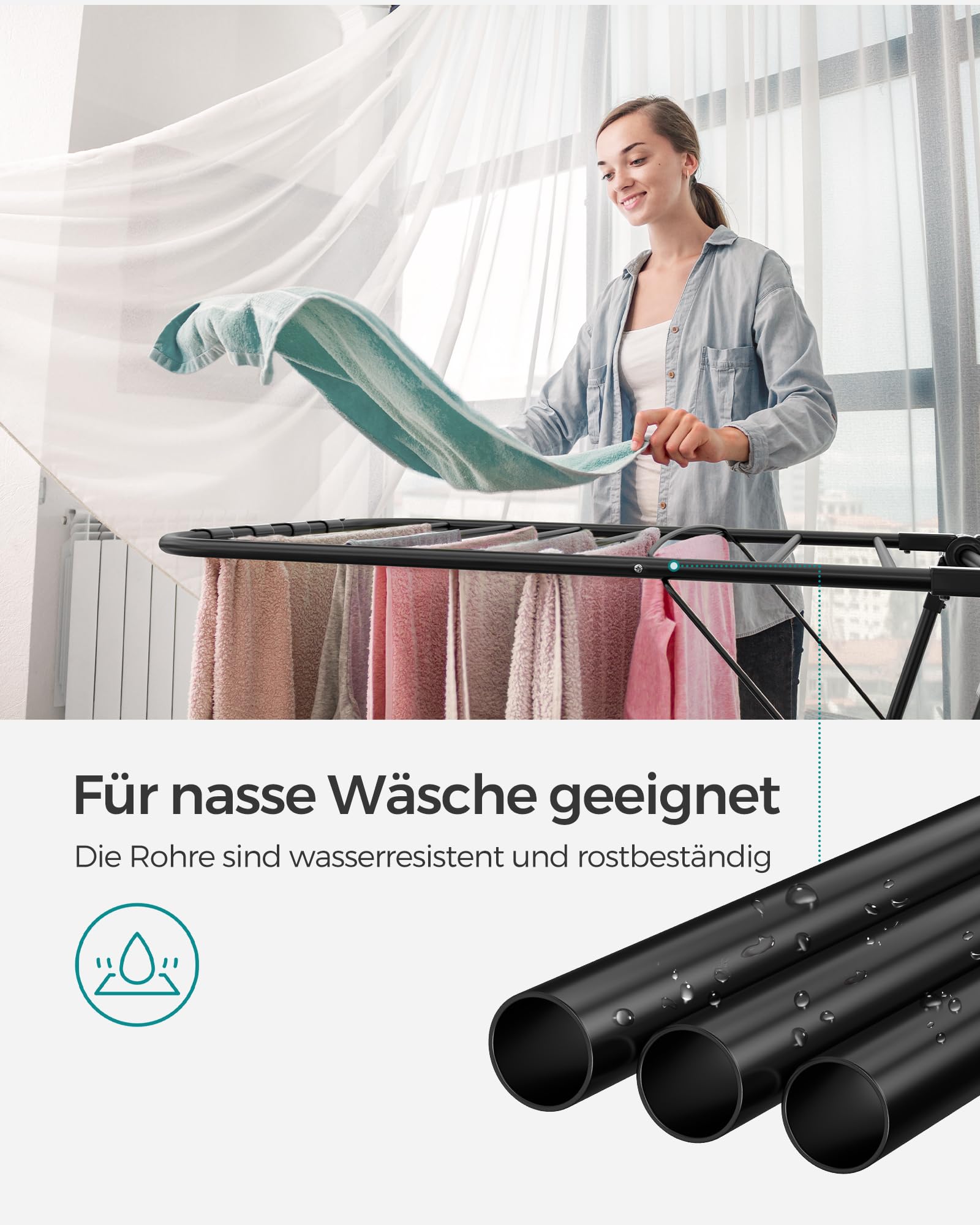 SONGMICS Wäscheständer, Faltbarer Wäscheständer, Wäscheständer mit höhenverstellbaren Flügeln, freistehender Wäscheständer, Innen- und Außenbereich, Stahl, Schwarz LLR502B01