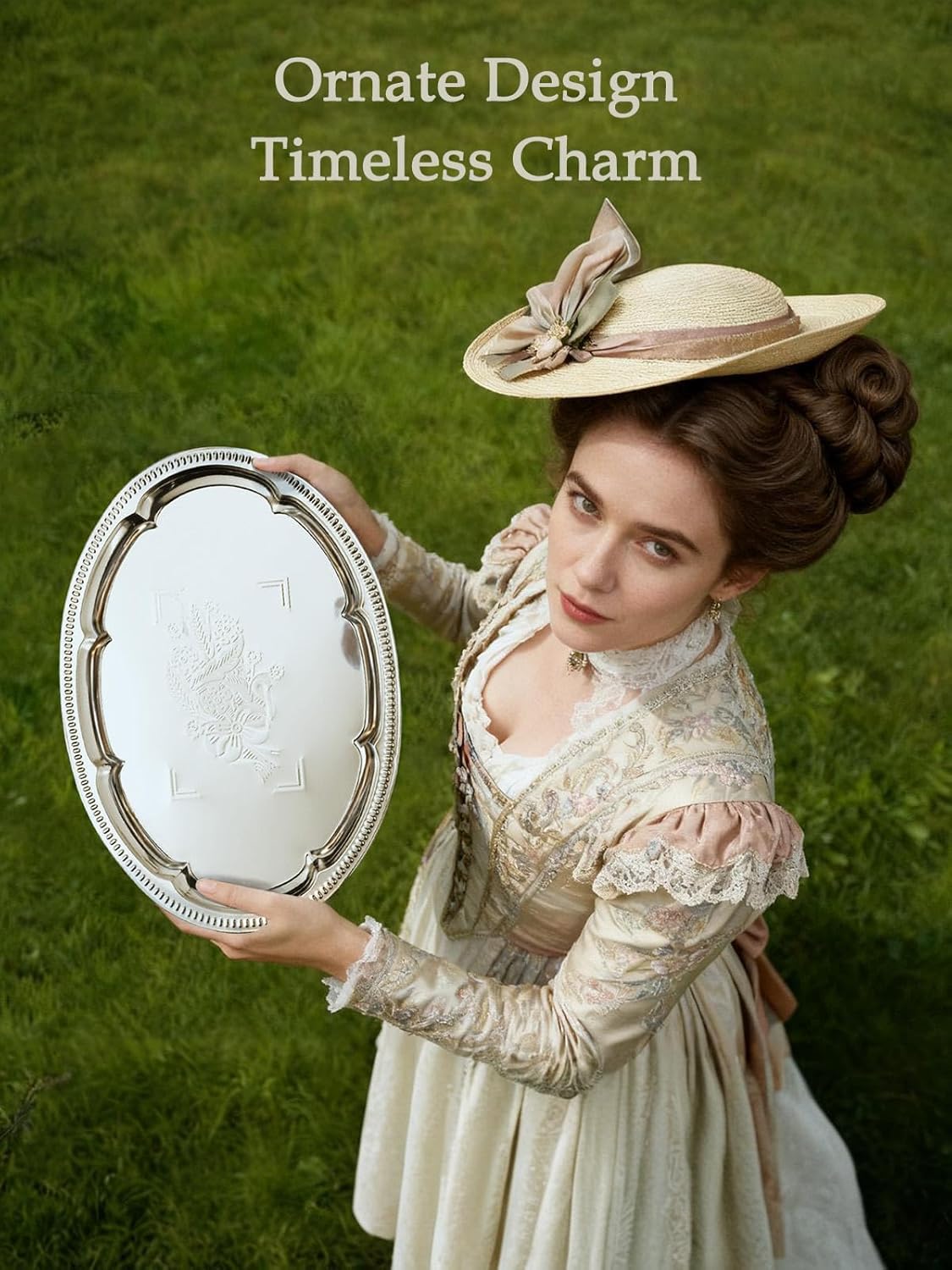 4-Pack 15.7" x 11.8" Silver Serving Trays for Party Set - Oval Floral Engraved Serving Platters, Wedding Birthday Mirror Tray for Easter, Food, Appetizer, Charcuterie, Cookies, Desserts