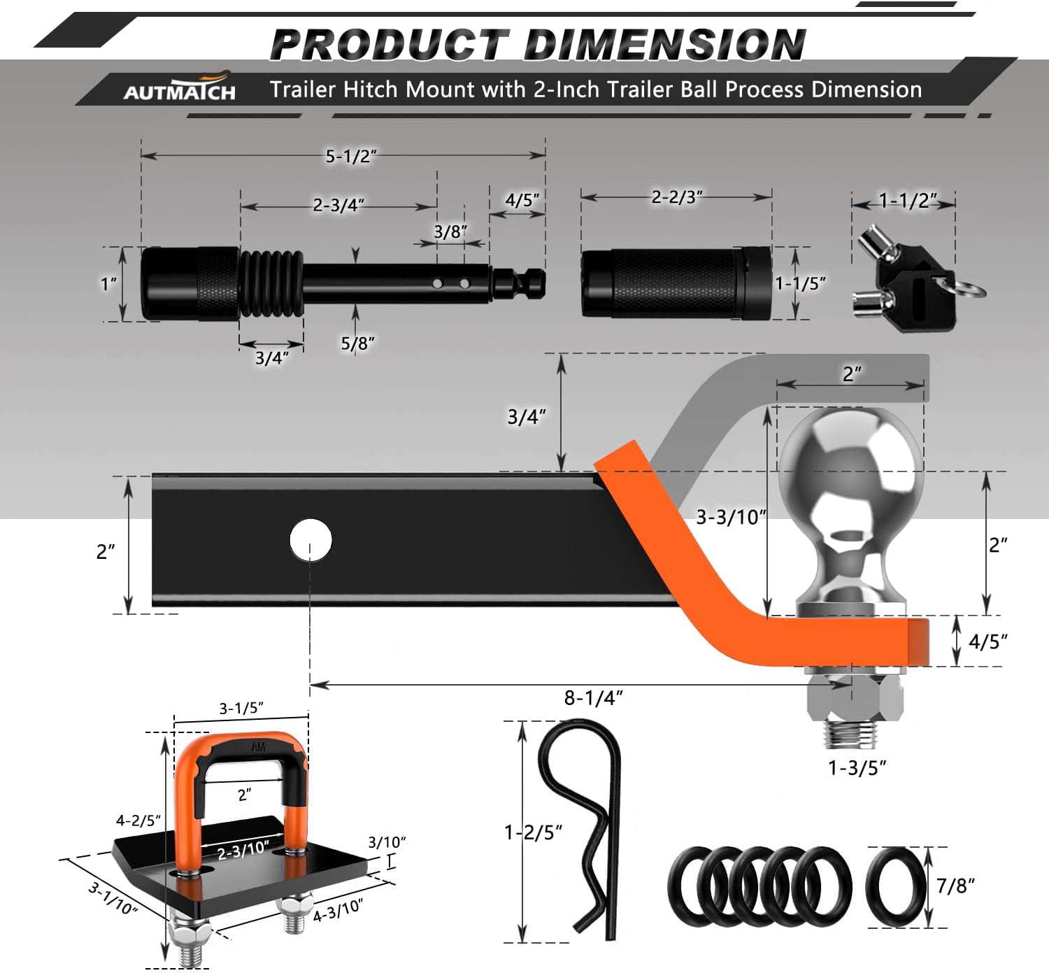 AUTMATCH Trailer Hitch Ball Mount with 2 Inch Hitch Ball - Fits 2" Receiver with Hitch Tightener, 8000Lbs Capacity Ball Hitch, 2-Inch Drop with 5/8" Hitch Lock Pin, Orange & Black