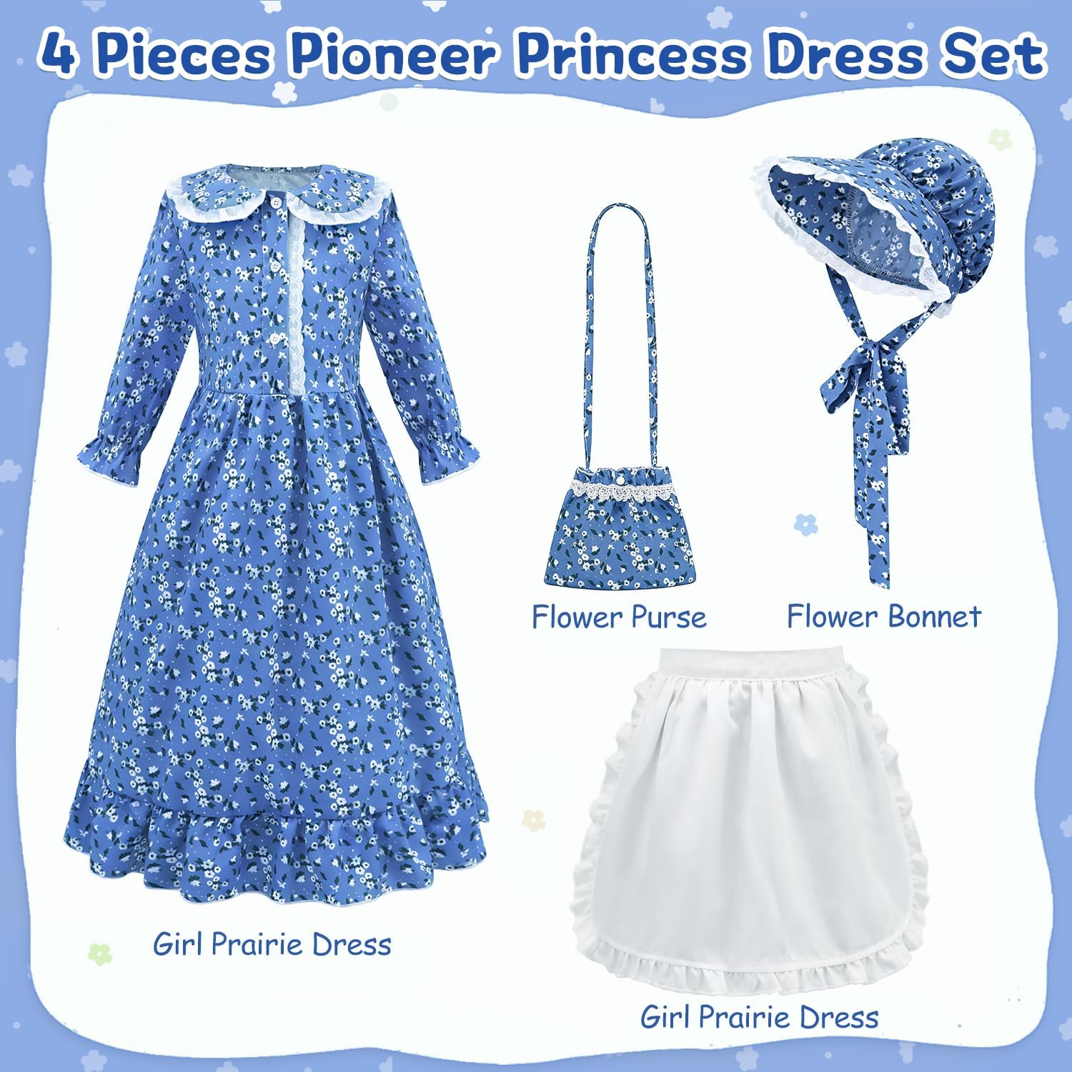 Girls Pioneer Colonial Costume Pioneer Outfit for Kids Floral Prairie Dress with Bonnet, Apron and Purses