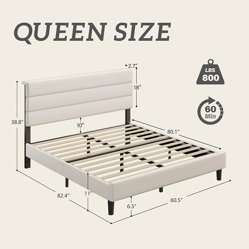 Fluest Queen Bed Frame, Platform Bed Frame with Velvet Upholstered Headboard, No Box Spring Needed, Sturdy Metal Support, Noise Free, Easy Assembly, Modern Bedroom Furniture, Beige image 2